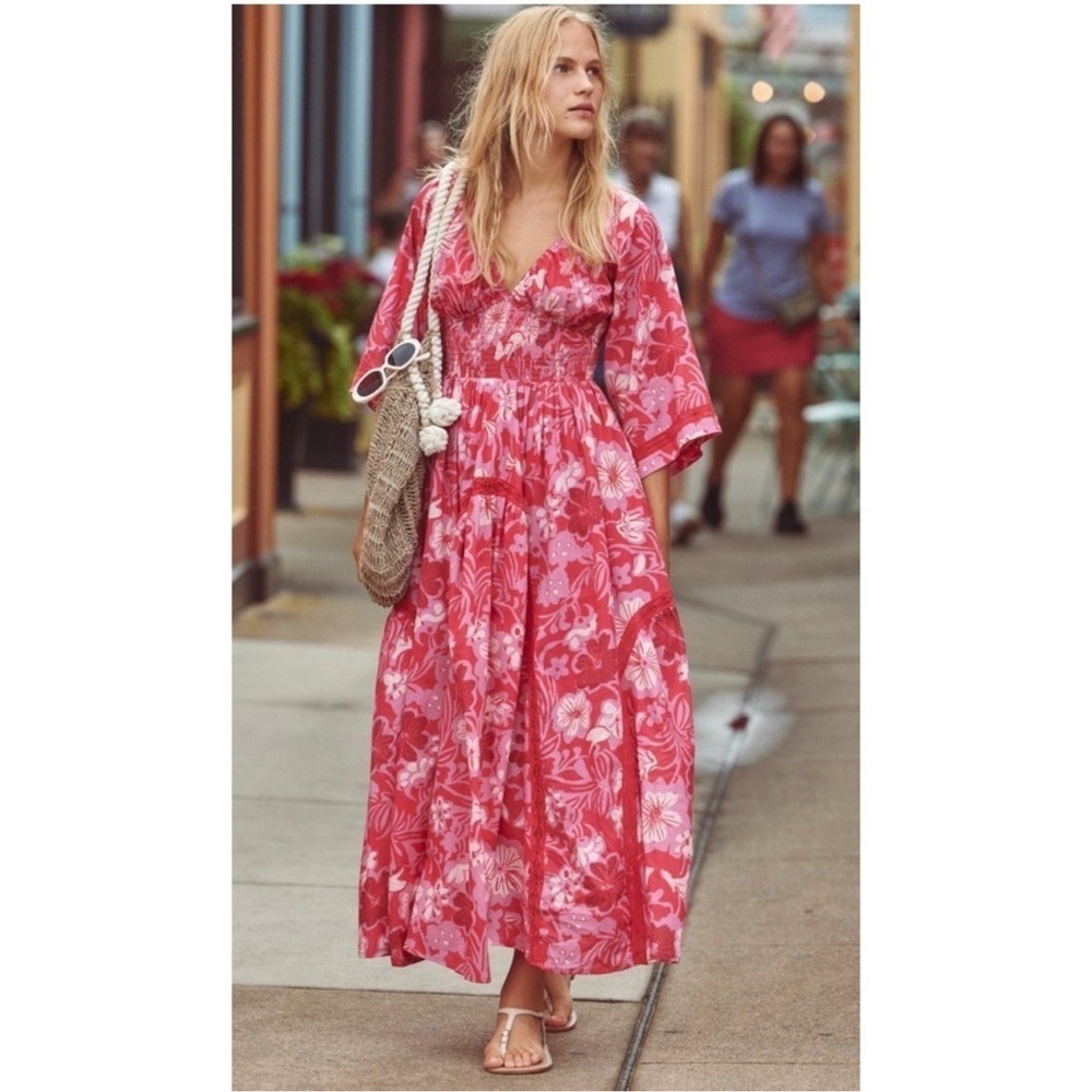 NEW FREE PEOPLE Printed Smocked Waist floral print Maxi Ruby combo Dress sz S